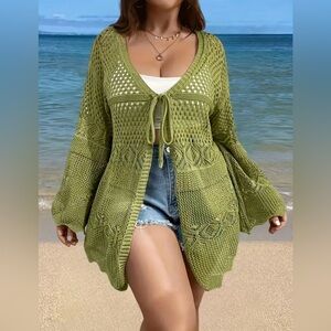 Olive Green Openwork Tie-Front Knit Cardigan